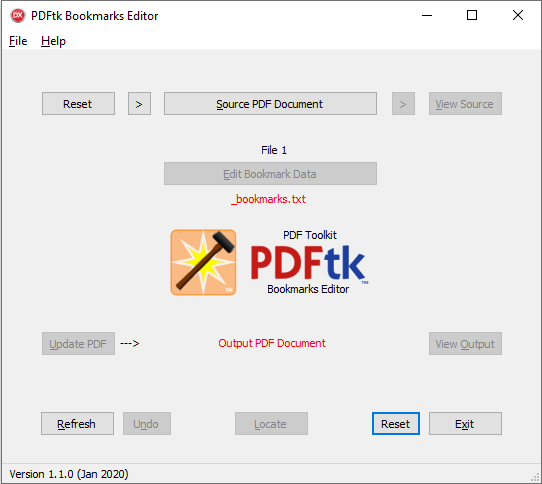 Окно PDFtk Bookmark Editor